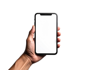 Hand holding a smartphone with a blank white screen
