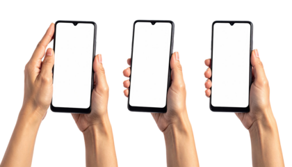 Three hands hold smartphones with blank screens