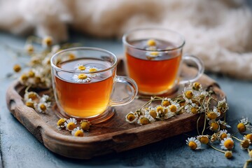 Two cups of chamomile tea on a wooden tray surrounded by chamomile flowers