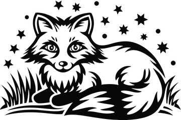black and white fox with a circle of stars on a white background