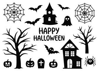 Halloween elements collection with happy halloween text on white background lettering