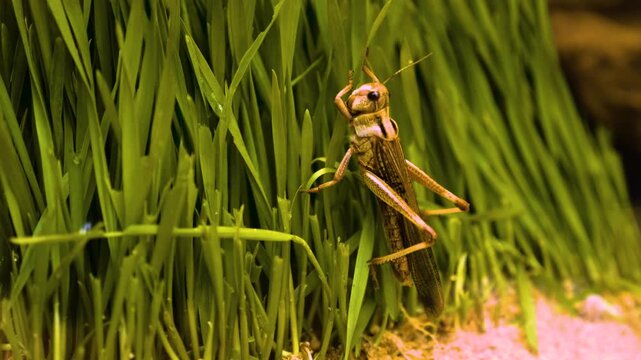 Close up of a grasshopper sitting in grass and moving around on a cloudy day