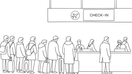 Airport check-in line drawing, travelers with luggage, airline queue, airport terminal illustration, flight preparation scene, black and white sketch