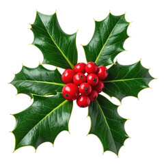 Close-up of a holly sprig with bright red berries.  Dark green leaves have a sharply defined, golden-edged outline against a black background.  Image is symmetrical