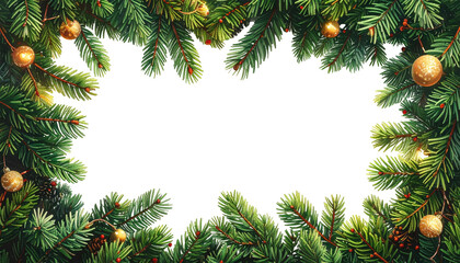 Christmas frame with greenery, lights, and ornaments