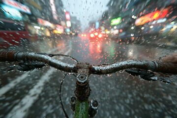 Wet Rusty Bicycle Handlebar in Blurred Rainy Urban Night