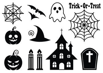 Obraz premium Halloween Icons Set with Spiderwebs Bats Ghost Witch Hat Pumpkins Candles Haunted House Tombstone and Text