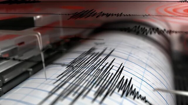 Seismograph machine recording seismic waves and earthquake tremors on grid paper, indicating ground movement and activity.