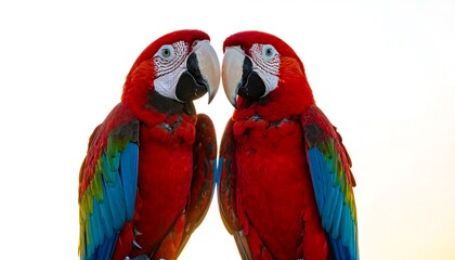 Two scarlet macaws facing each other