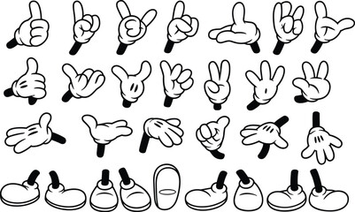 Cartoon glove hands and shoes collection, vector black and white style, thumbs up, peace sign, gestures, animation, icons, clipart