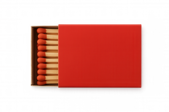 Red matchbox opened, revealing striking surface and match tips, photographed from overhead on transparent background