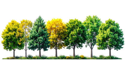 A row of trees in various stages of autumnal foliage change