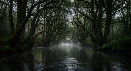 Dark forest river with gnarled trees and mist stream water