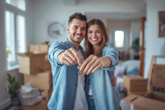 Smile couple man and woman holding house key with move into new house, home, apartment with box unpack in background