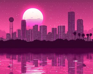 Retro Cityscape Sunset Reflection.