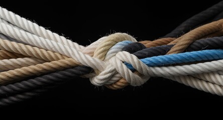 Fototapeta premium Intertwined ropes, nautical knot, textured background, abstract design, color variety, multiple strands, close-up view, braided cords, maritime theme, woven texture, rope detail, complex knot, fa