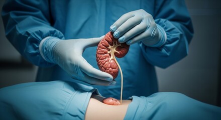 Kidney Transplant Surgery, Medical Illustration, Human Anatomy, Urology, Healthcare, Organ Donation, Surgical Procedure, Medical Science, Hospital, Doctor, Gloved Hands Holding Kidney, Realistic