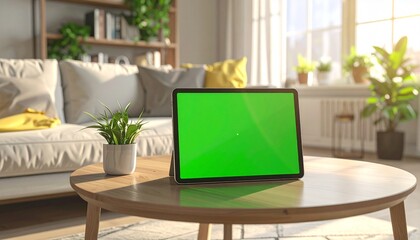 Digital tablet with a green screen for mockups placed on a wooden coffee table in a sunlit, modern living room interior