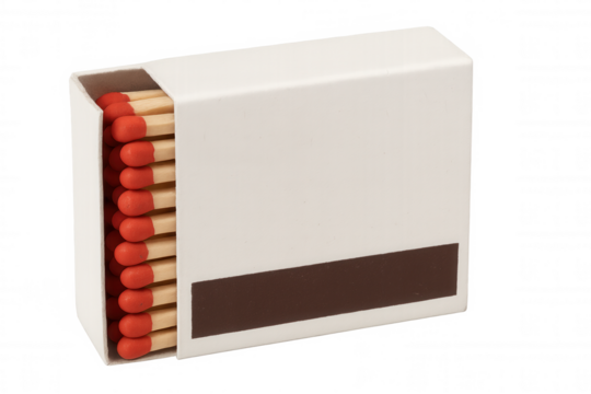 Vibrant red matchbox with brown striker resting on clear surface, ready for striking potential flame