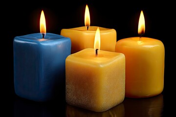 Four burning candles: blue and yellow hues