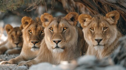 Obraz premium Close-up of a lion pride resting and looking directly at the camera