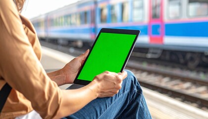Traveler uses a green screen tablet at a bustling train station, ideal for showcasing digital content, apps, or providing timely travel information to passengers on their journey