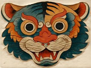 Smiling tiger guardian portrait in classic minhwa style with striking stripes a thick nose and gentle highlights that evoke friendly protection