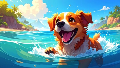 Happy dog playing in the ocean
