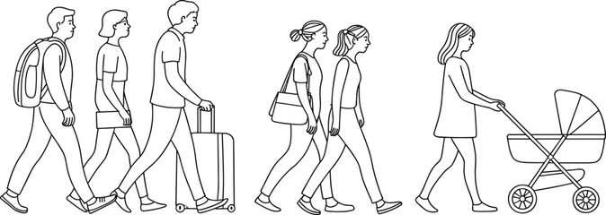 Walking people line drawing, diverse characters, traveling, commuting, pushing stroller, minimalist black and white outline illustration, lifestyle sketch vector