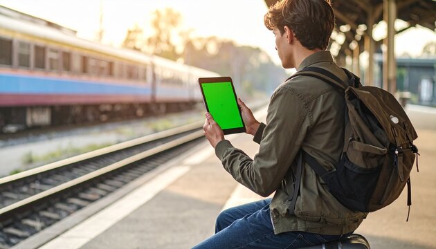 Young man with a backpack using a digital tablet with a green screen while waiting at a train station platform. The concept of remote work and travel