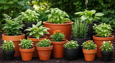 Assortment of Potted Herbs and Plants in a Garden Setting.