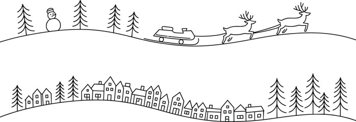 Winter Christmas village landscape, snow scene with reindeer sleigh, holiday houses, snowman, pine trees, festive outline drawing, minimalist line art