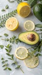 Overhead flat lay of fresh lemons and avocado with green leaves citrus