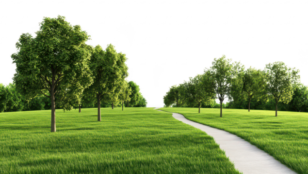 A serene landscape featuring a winding pathway through lush green grass and scattered trees under a bright sky. ideal for nature-themed projects or tranquil settings - Powered by Adobe