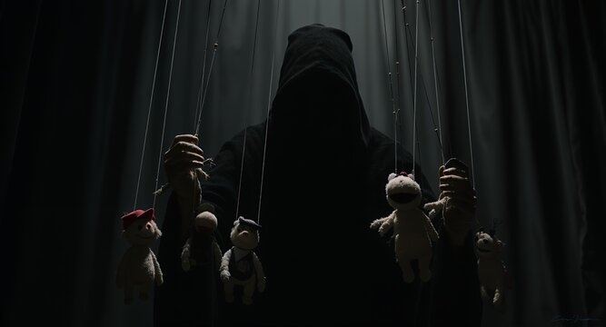 Mysterious Figure Controlling Puppets Dark, Dramatic, Symbolic Stock Photo