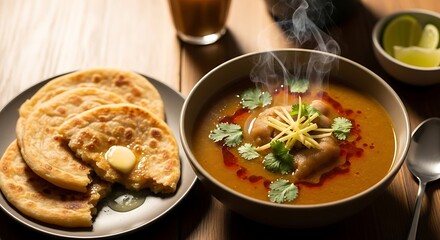 Hearty haleem stew with naan bread and lime wedges on wooden table paratha