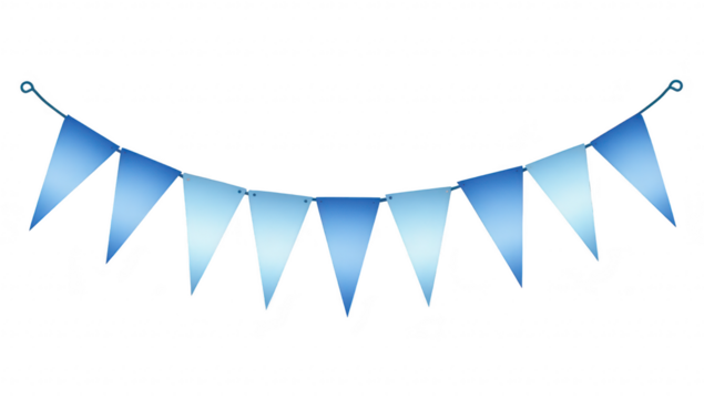 A blue gradient banner made of triangular flags. elegantly strung across a bright white background. perfect for festive occasions. parties. or celebrations