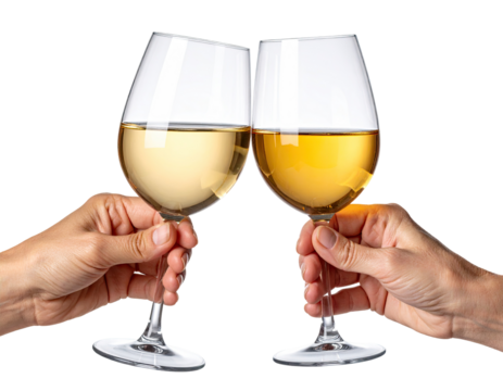 Two hands holding wine glasses, clinking glasses, celebratory toast