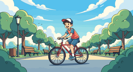 Cheerful boy cycling in a cartoon park with lush trees and clear blue sky illustration