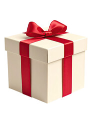 Obraz premium A square, cream-colored gift box with a large red ribbon bow