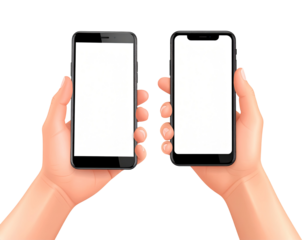 Two realistic hands holding smartphones with blank screens