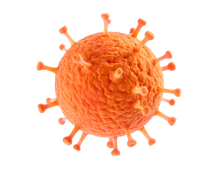 Orange spherical virus particle with short spike proteins and rough surface texture, detailed contagious pathogen model on isolated background