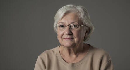 Portrait of a senior woman with short gray hair and glasses, neutral expression