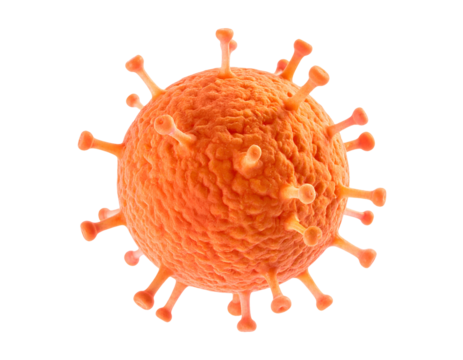Orange spherical virus particle with short spike proteins and rough surface texture, detailed contagious pathogen model on isolated background