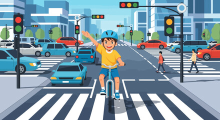 Illustration of a Boy Riding a Bicycle Safely Across a Crosswalk in a City with Traffic Lights and