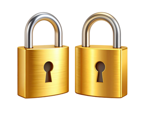 Two golden padlocks, metallic,  security,  isolated