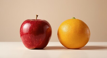 Red Apple and Orange on Neutral Background Healthy Food Concept
