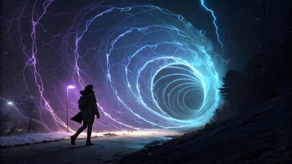 Person walking towards a swirling vortex of electric blue and purple light portal energy