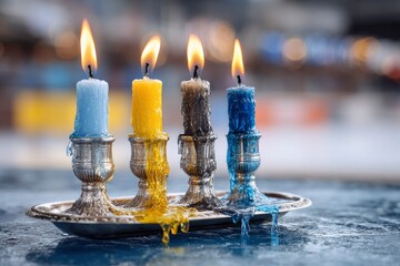 Four colorful candles melting on holder