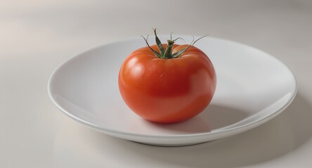 Single Red Tomato on White Plate, Fresh Food Photography, Minimalist Still Life